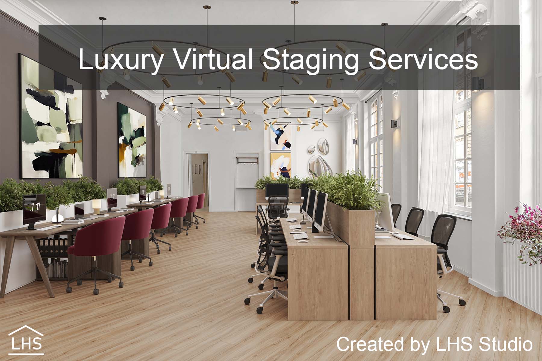 Showcase a staged commercial office layout featuring modern desks, collaborative spaces, and natural lighting.