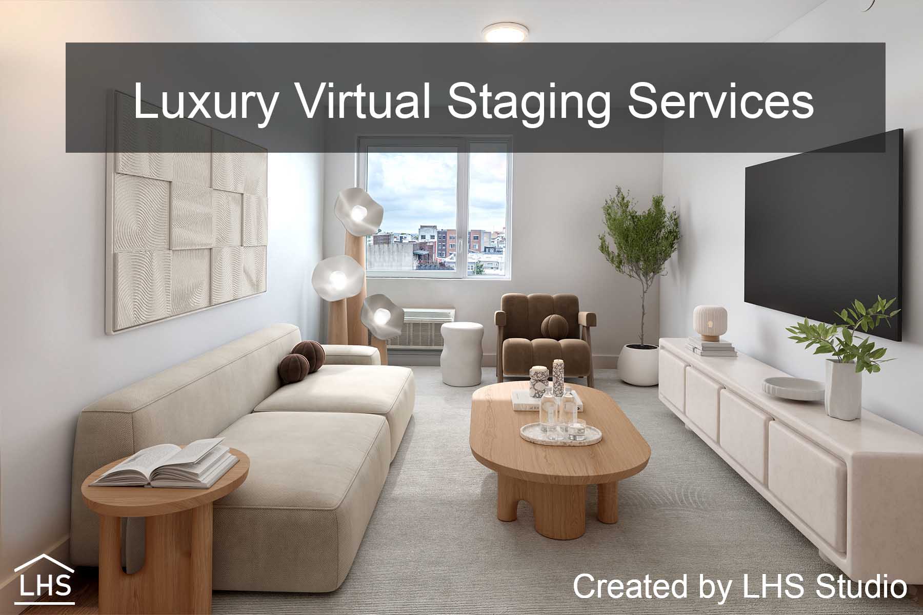 A digitally staged London penthouse showcasing modern decor, panoramic city views, and elegant lighting.