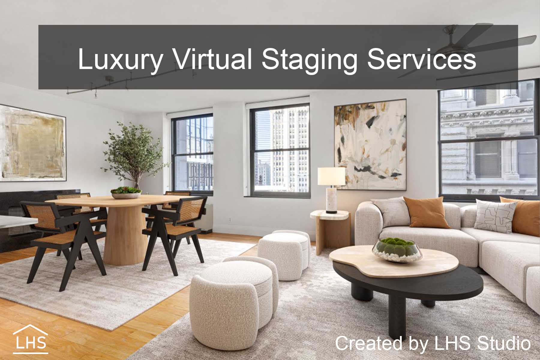 Feature a side-by-side comparison of an empty room and the same room virtually staged with elegant furniture and décor.